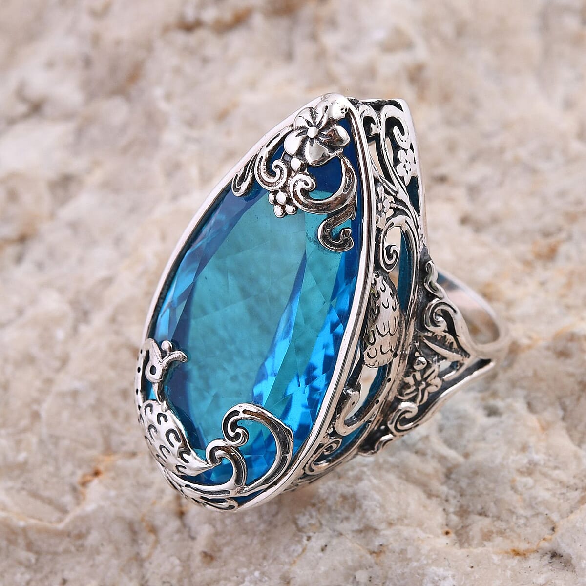 Doorbuster Bali Legacy Caribbean Quartz Peacock Ring in Sterling Silver (Size 10.0) 26.25 ctw image number 1