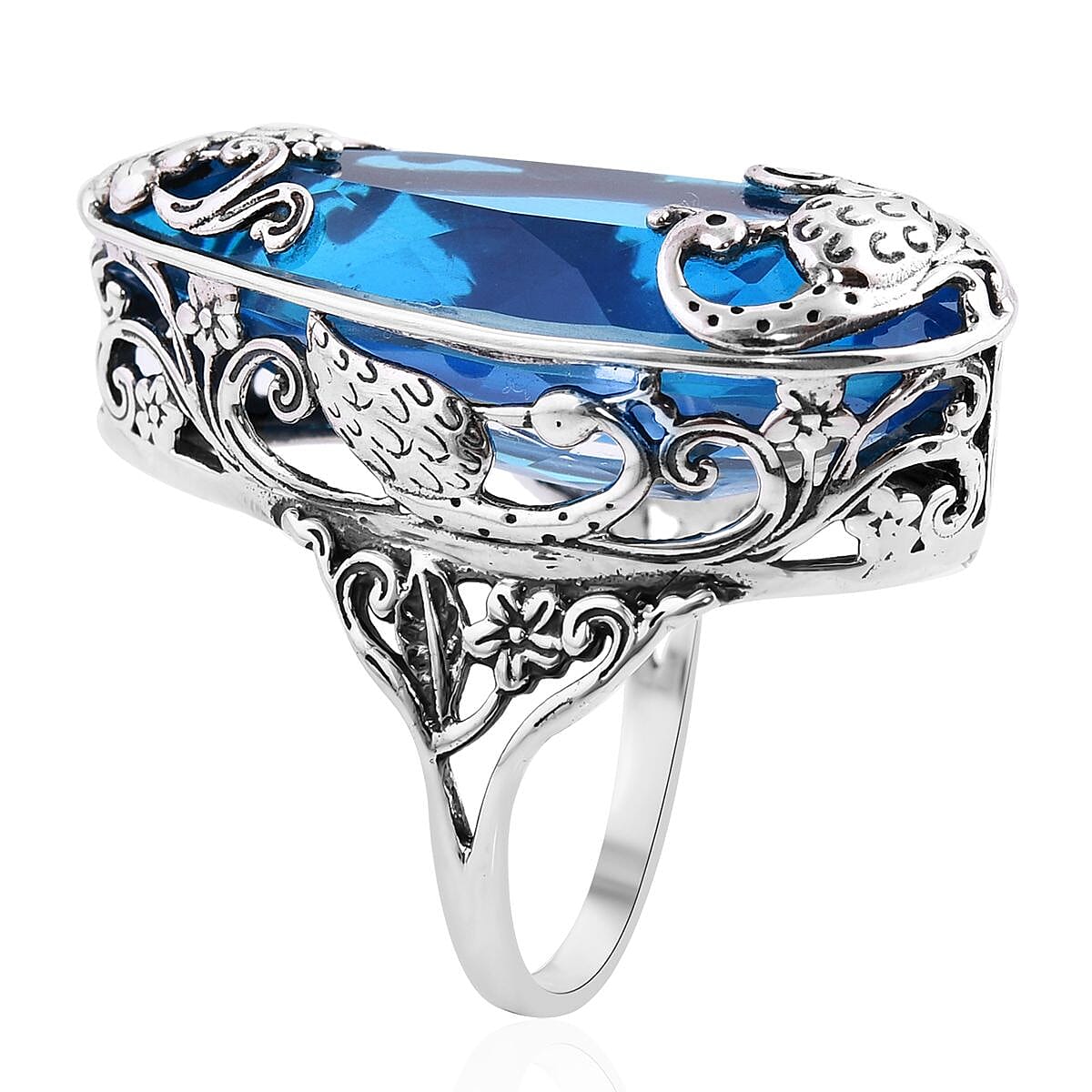 Doorbuster Bali Legacy Caribbean Quartz Peacock Ring in Sterling Silver (Size 10.0) 26.25 ctw image number 3