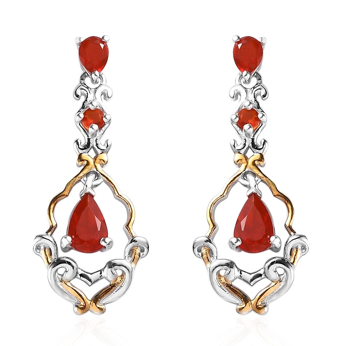 Mexican Cherry Fire Opal Dangle Earrings in Vermeil YG and Platinum Over Sterling Silver 1.35 ctw image number 0