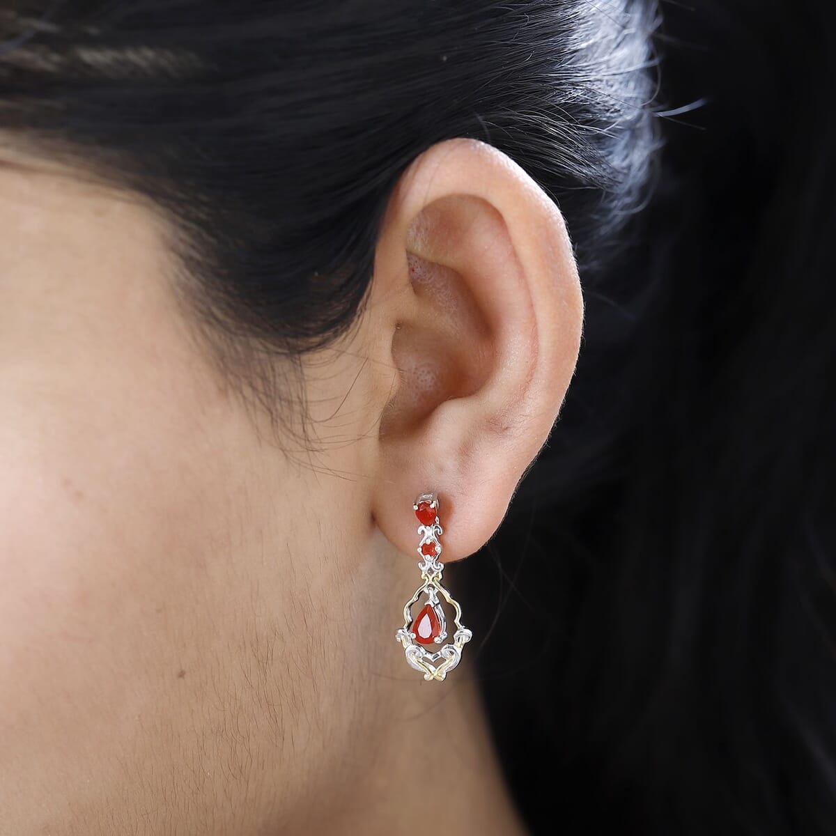Mexican Cherry Fire Opal Dangle Earrings in Vermeil YG and Platinum Over Sterling Silver 1.35 ctw image number 2