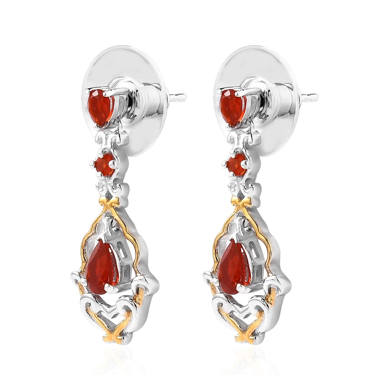 Mexican Cherry Fire Opal Dangle Earrings in Vermeil YG and Platinum Over Sterling Silver 1.35 ctw image number 3