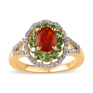 Mexican Cherry Fire Opal and Multi Gemstone Floral Ring in Vermeil Yellow Gold Over Sterling Silver (Size 10.0) 1.40 ctw