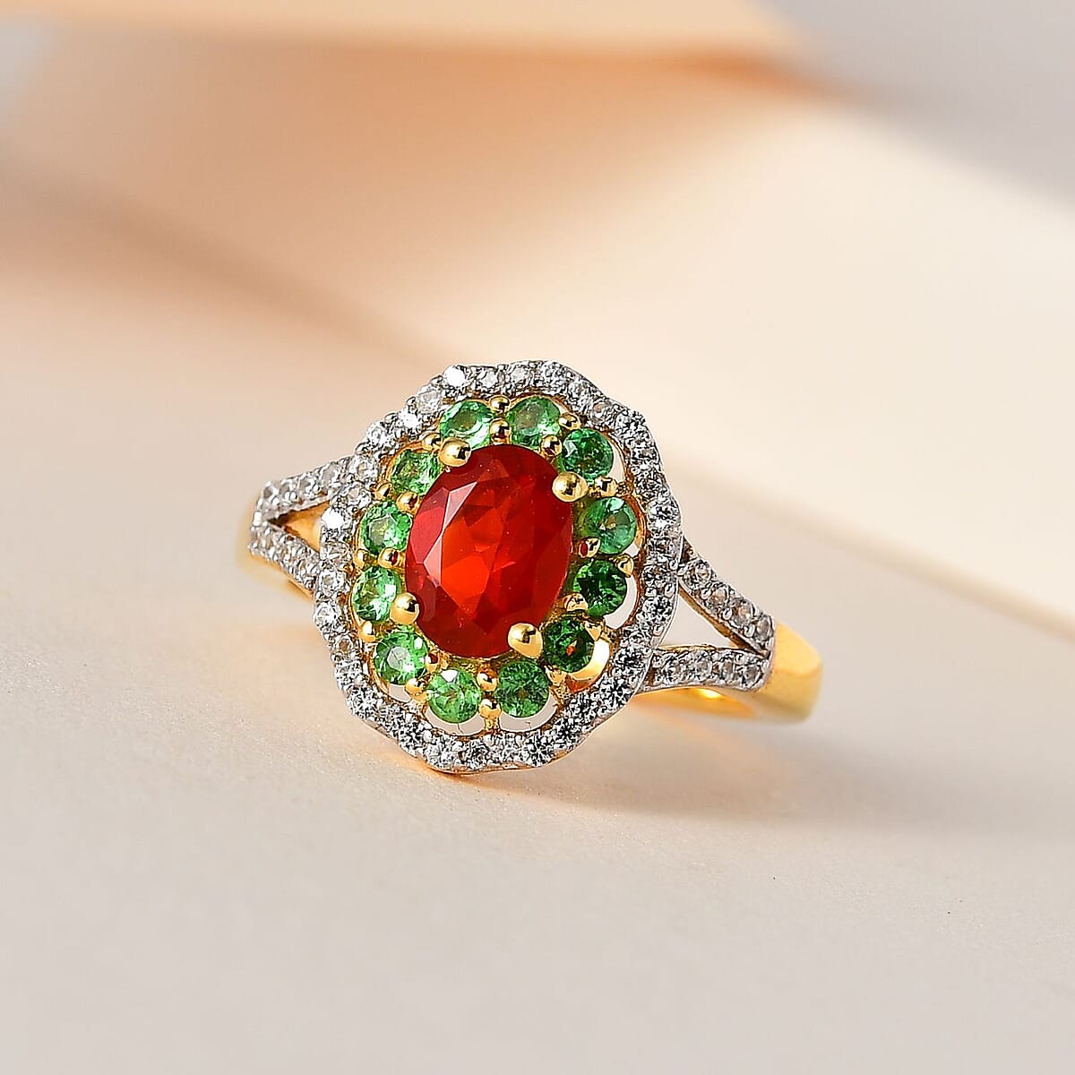Mexican Cherry Fire Opal and Multi Gemstone Floral Ring in Vermeil Yellow Gold Over Sterling Silver (Size 10.0) 1.40 ctw image number 1