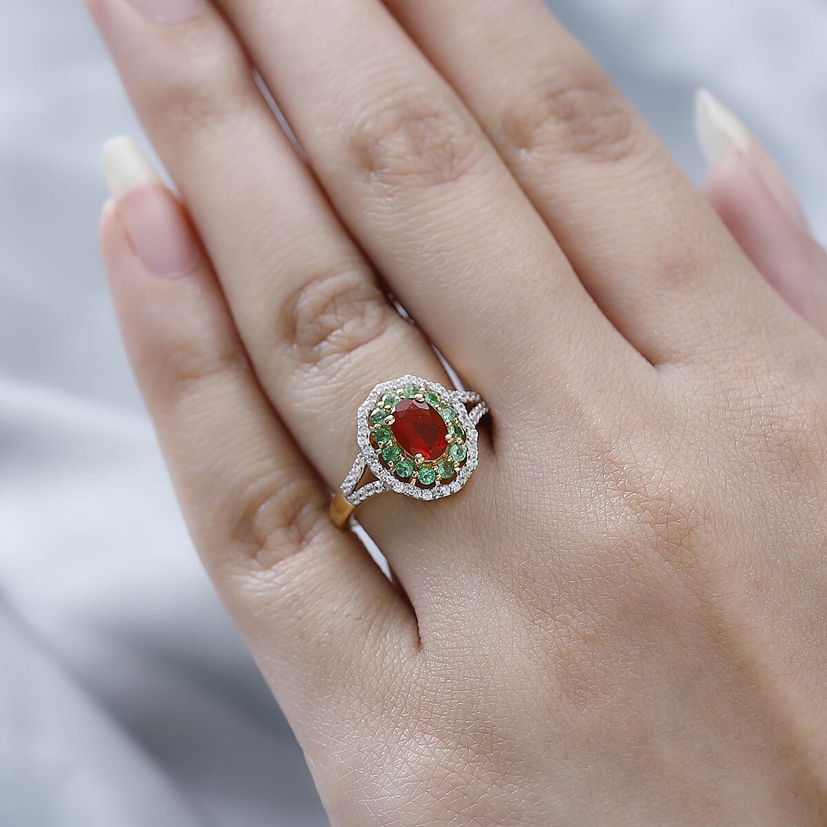 Mexican Cherry Fire Opal and Multi Gemstone Floral Ring in Vermeil Yellow Gold Over Sterling Silver (Size 10.0) 1.40 ctw image number 2