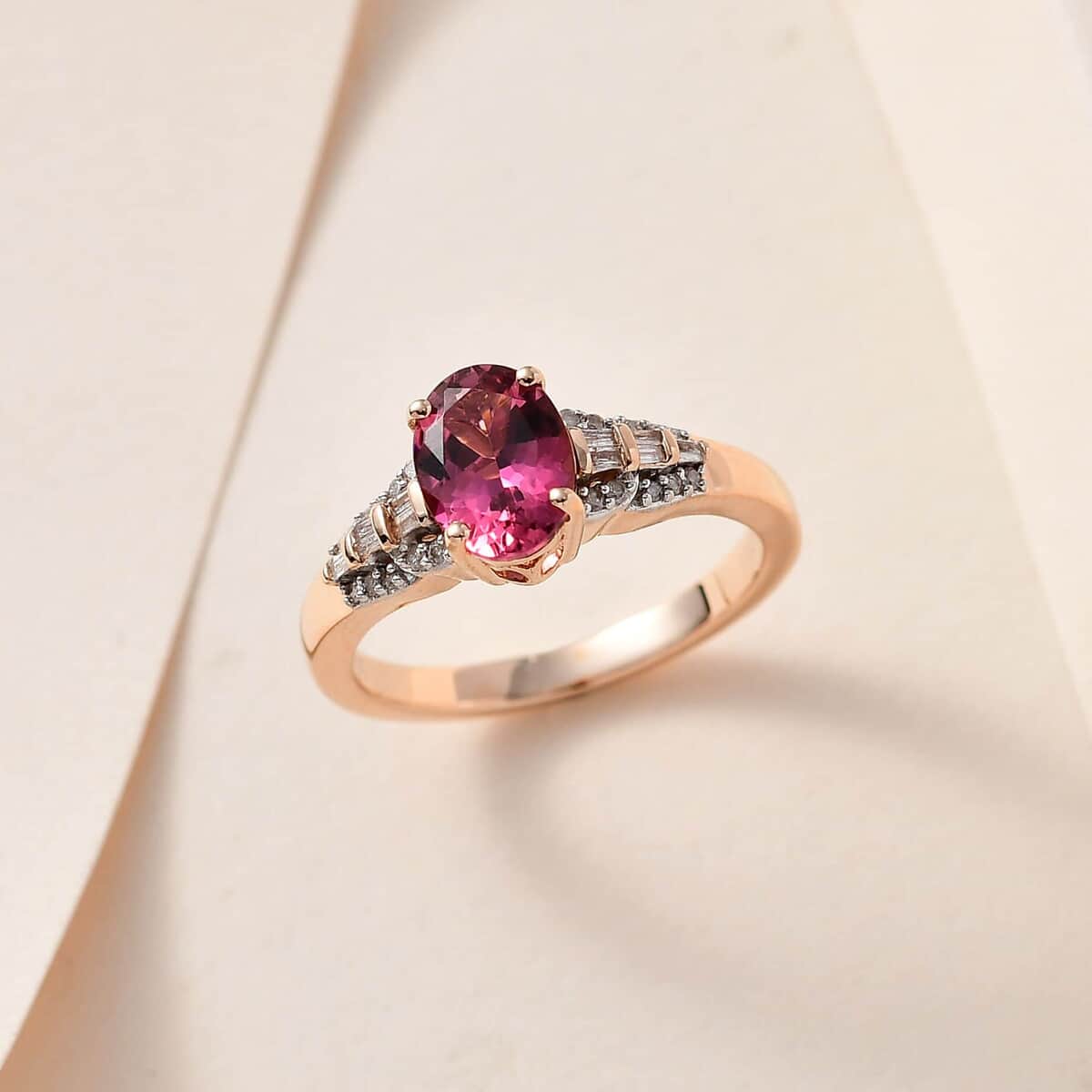 Luxoro 10K Rose Gold AAA Natural Calabar Pink Tourmaline, Diamond Ring (Size 8.0) 1.35 ctw image number 1