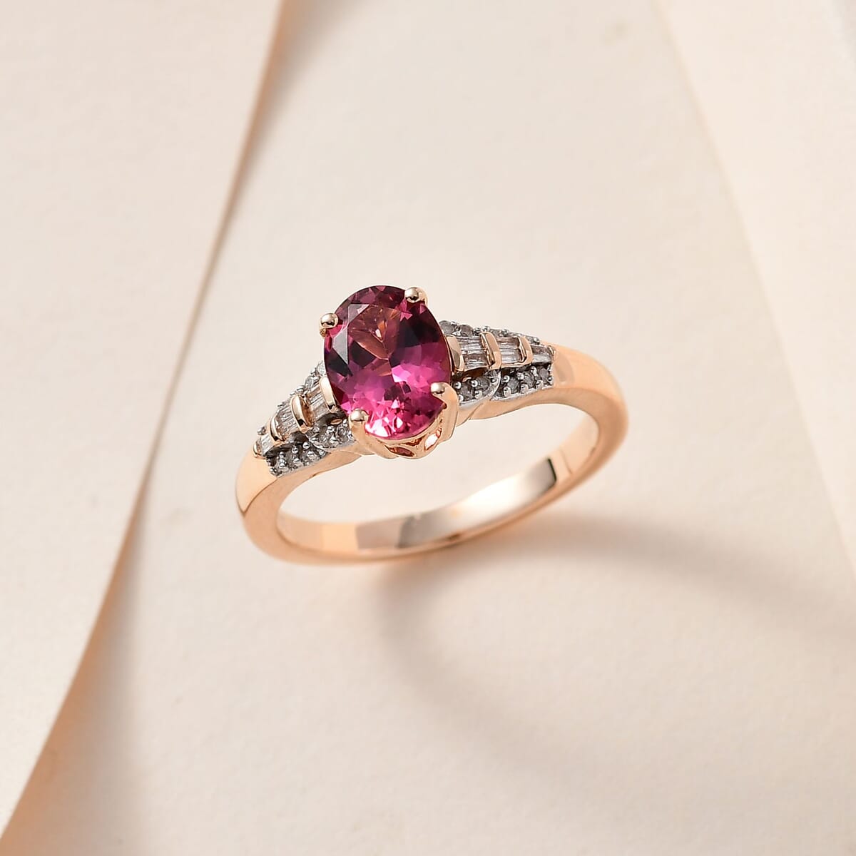 Luxoro 10K Rose Gold AAA Natural Calabar Pink Tourmaline and Diamond Ring (Size 6.0) 1.35 ctw image number 1