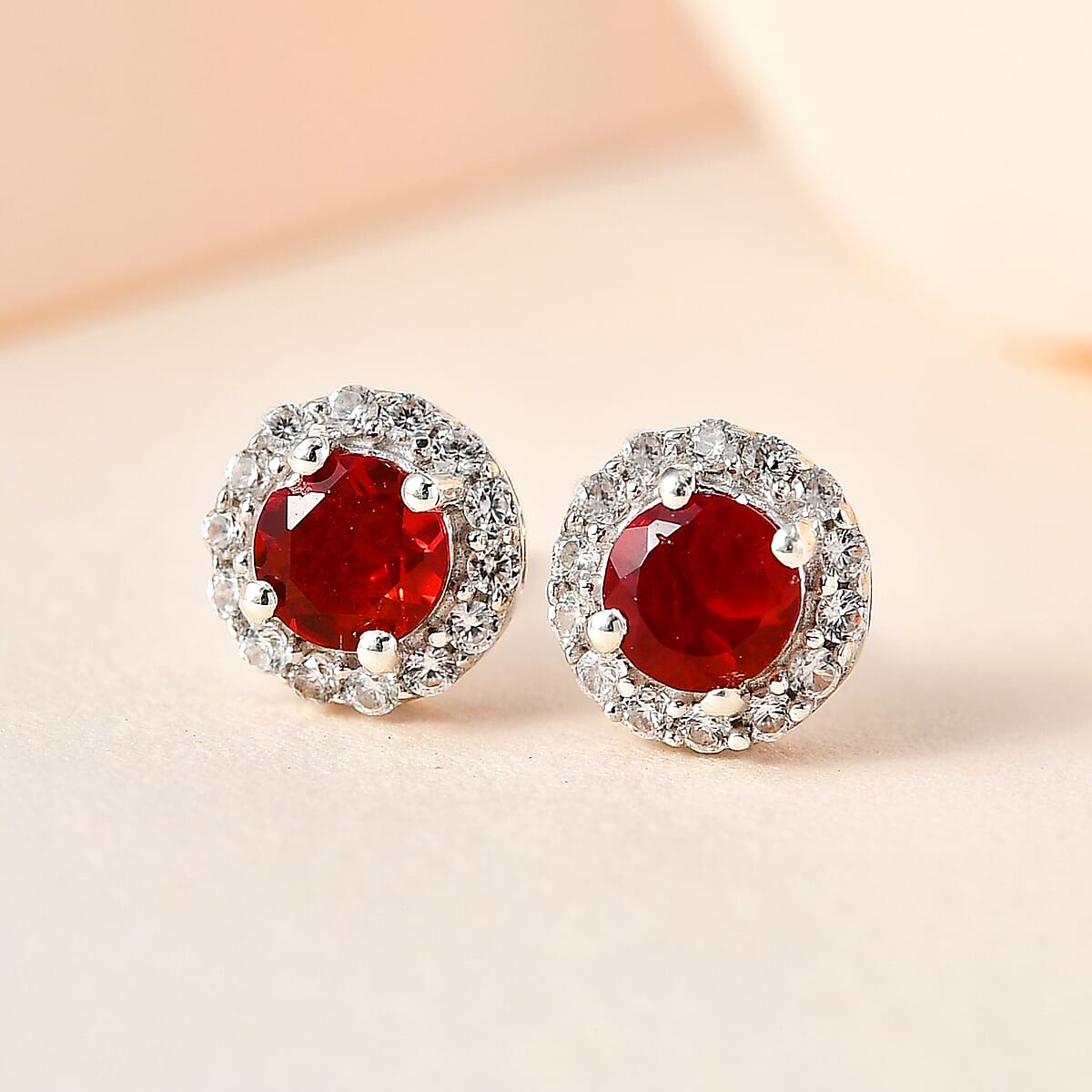 Mexican Cherry Fire Opal and White Zircon Halo Stud Earrings in Platinum Over Sterling Silver 0.70 ctw image number 1