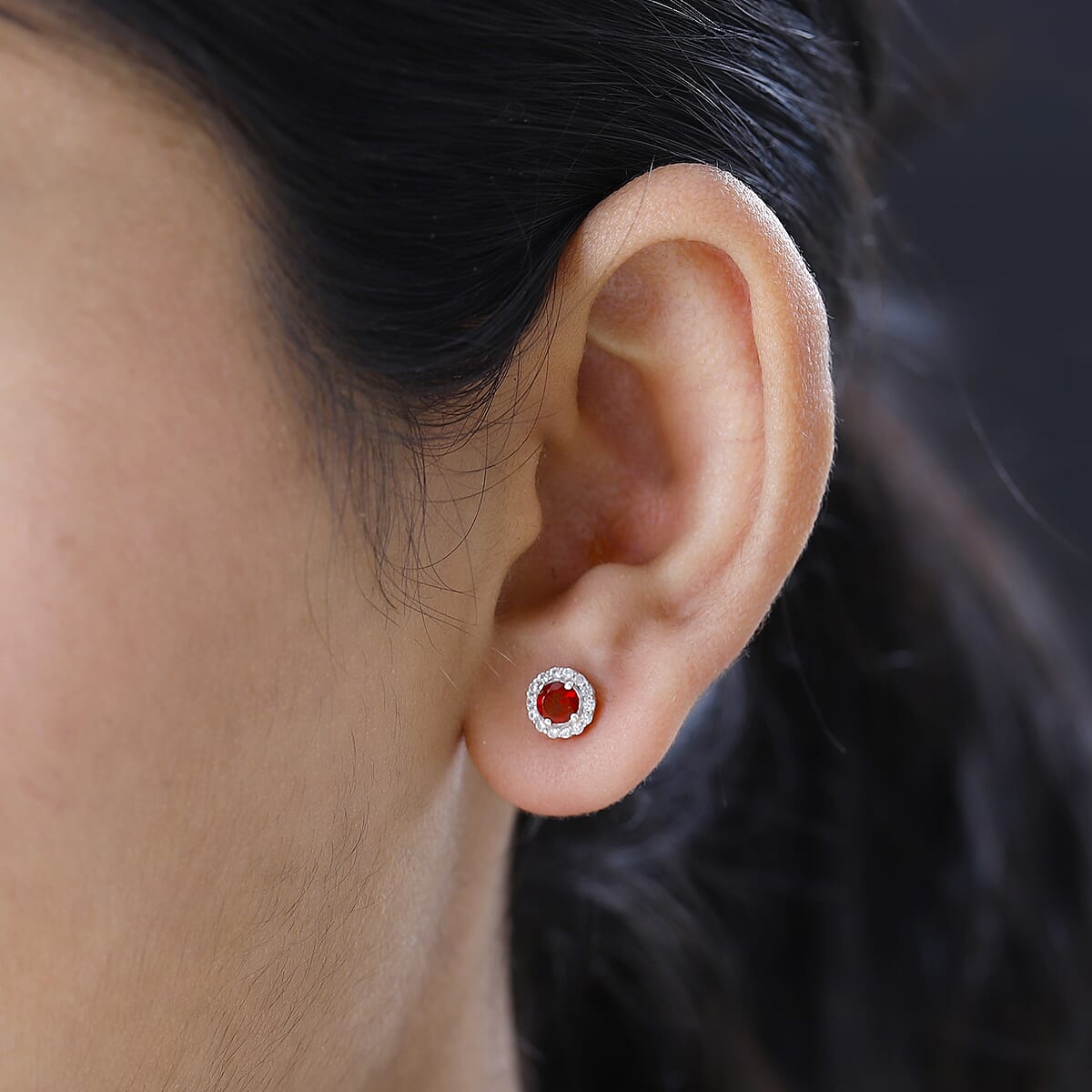 Mexican Cherry Fire Opal and White Zircon Halo Stud Earrings in Platinum Over Sterling Silver 0.70 ctw image number 2