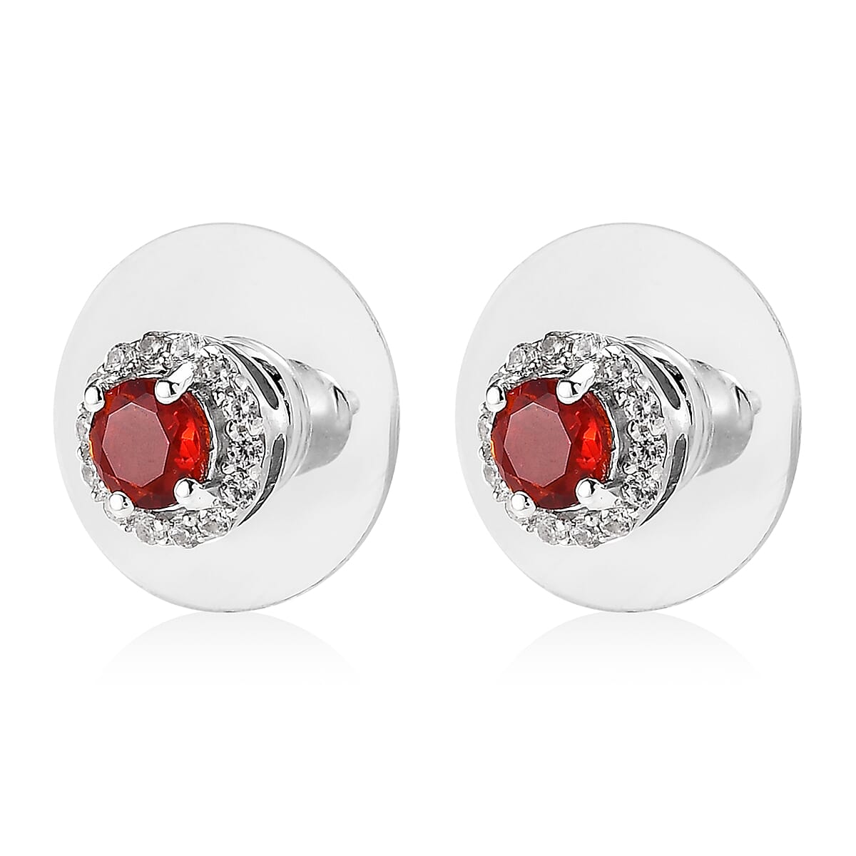Mexican Cherry Fire Opal and White Zircon Halo Stud Earrings in Platinum Over Sterling Silver 0.70 ctw image number 3