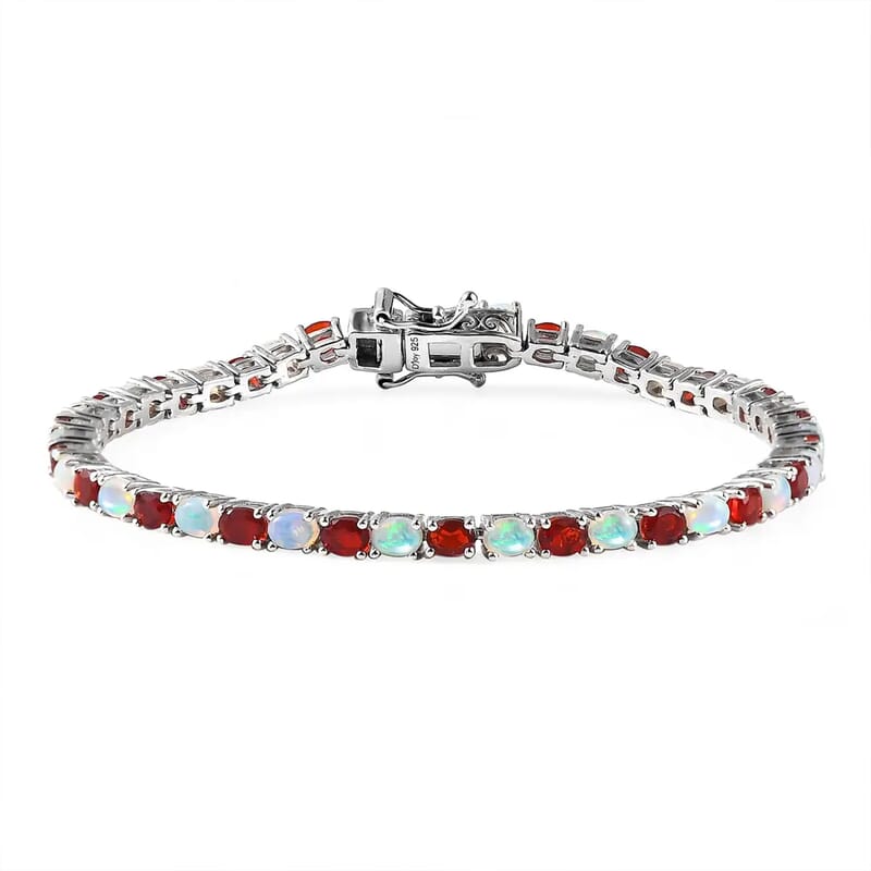 Mexican Cherry Fire Opal and Ethiopian Welo Opal Tennis Bracelet in Platinum Over Sterling Silver (6.50 In) 6.30 ctw