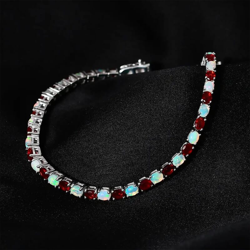 Mexican Cherry Fire Opal and Ethiopian Welo Opal Tennis Bracelet in Platinum Over Sterling Silver (6.50 In) 6.30 ctw