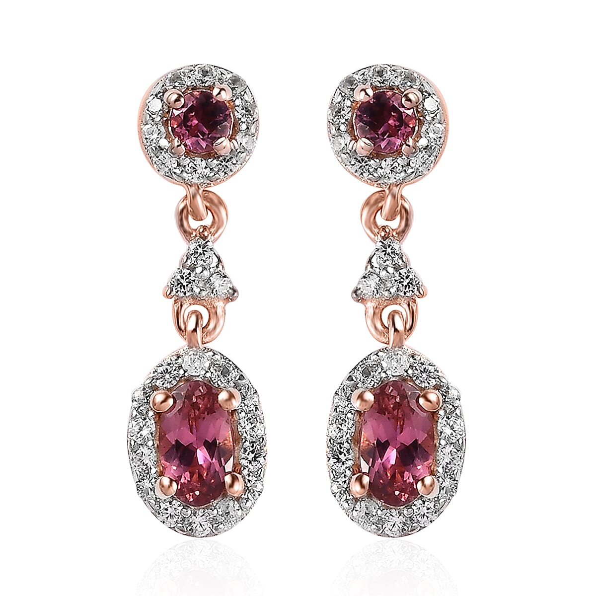 Premium Natural Calabar Pink Tourmaline and White Zircon Dangle Earrings in Vermeil Rose Gold Over Sterling Silver 1.10 ctw