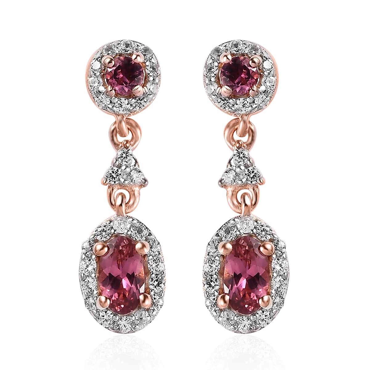 Premium Natural Calabar Pink Tourmaline and White Zircon Dangle Earrings in Vermeil Rose Gold Over Sterling Silver 1.10 ctw image number 0