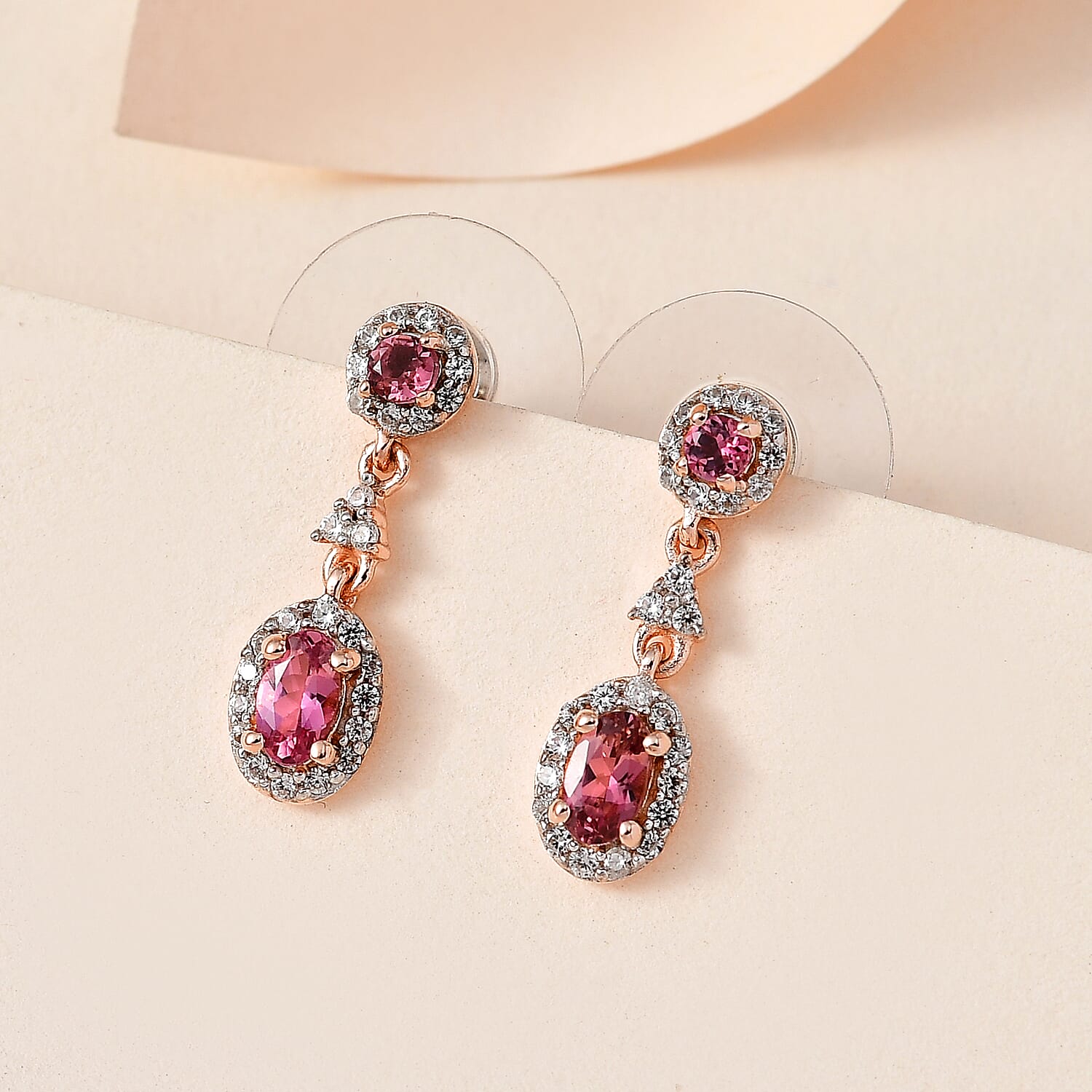 Premium Natural Calabar Pink Tourmaline and White Zircon Dangle Earrings in Vermeil Rose Gold Over Sterling Silver 1.10 ctw