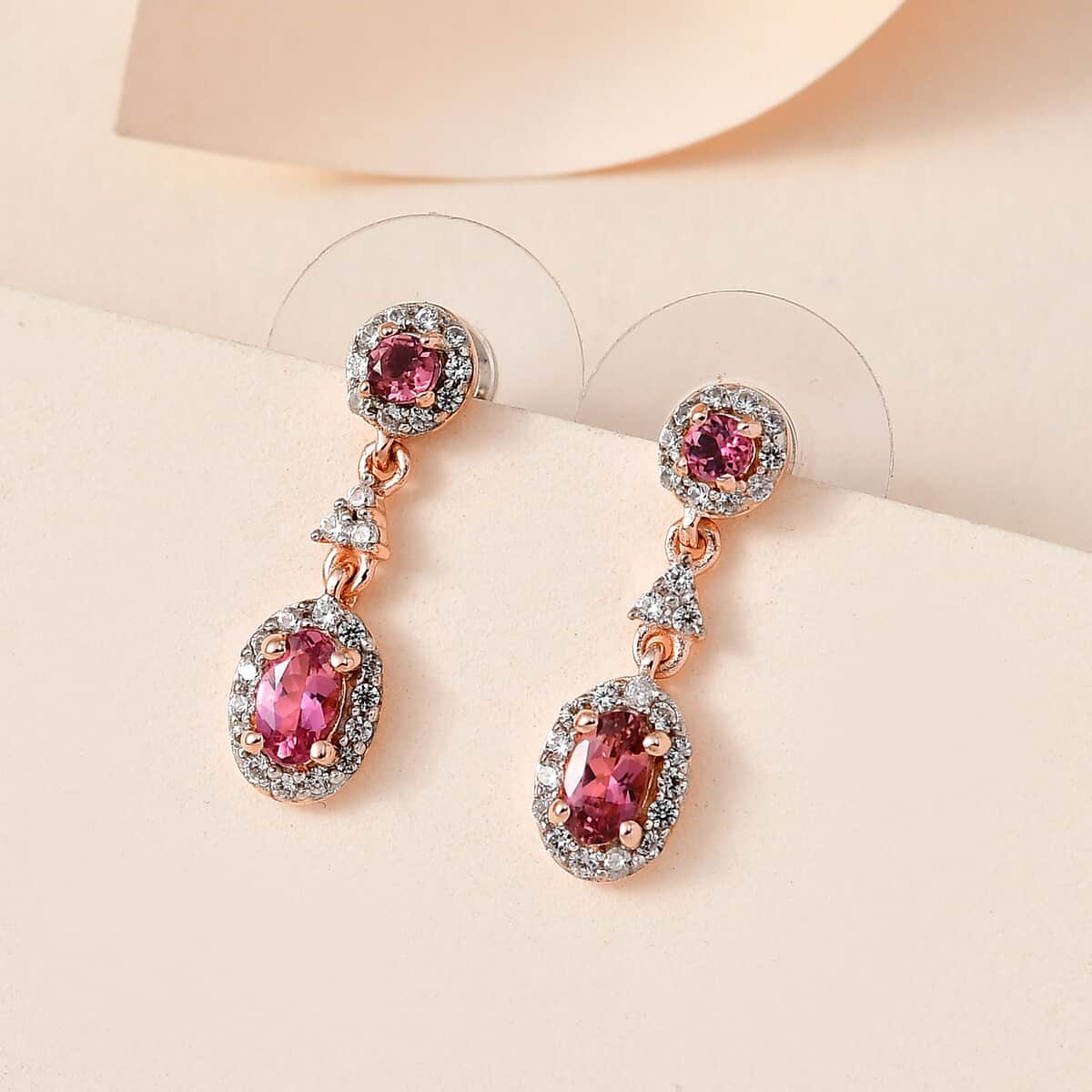 Premium Natural Calabar Pink Tourmaline and White Zircon Dangle Earrings in Vermeil Rose Gold Over Sterling Silver 1.10 ctw image number 1