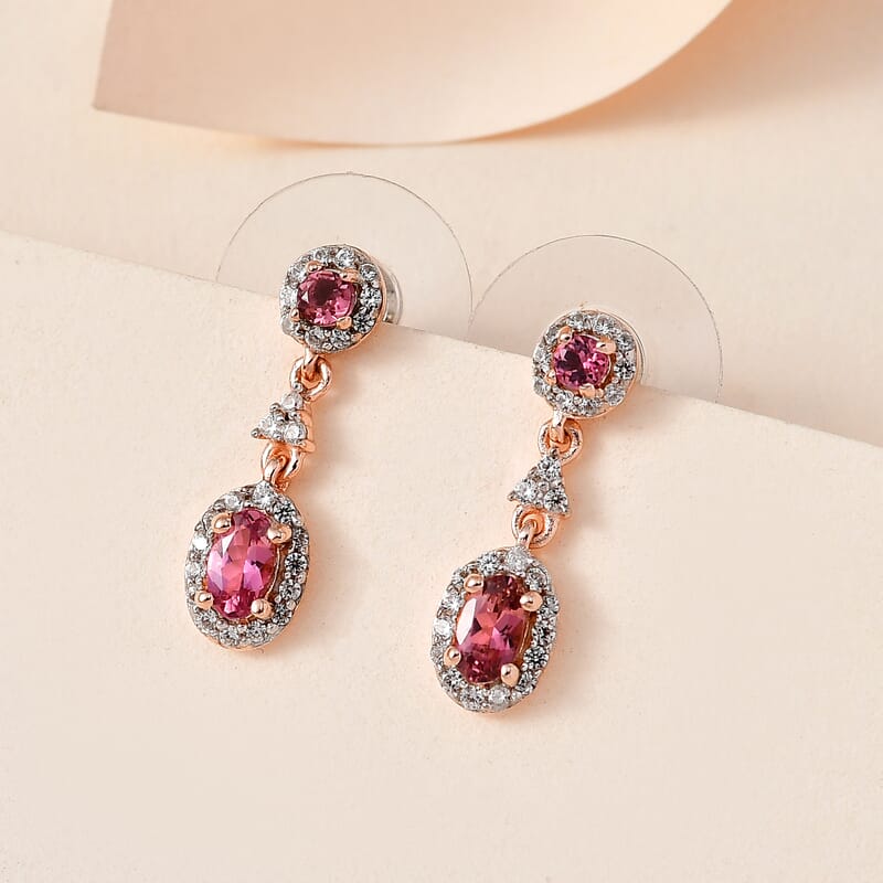 Premium Natural Calabar Pink Tourmaline and White Zircon Dangle Earrings in Vermeil Rose Gold Over Sterling Silver 1.10 ctw