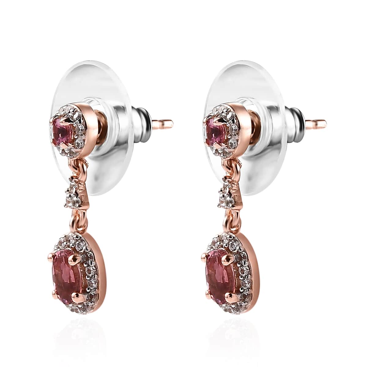 Premium Natural Calabar Pink Tourmaline and White Zircon Dangle Earrings in Vermeil Rose Gold Over Sterling Silver 1.10 ctw image number 3