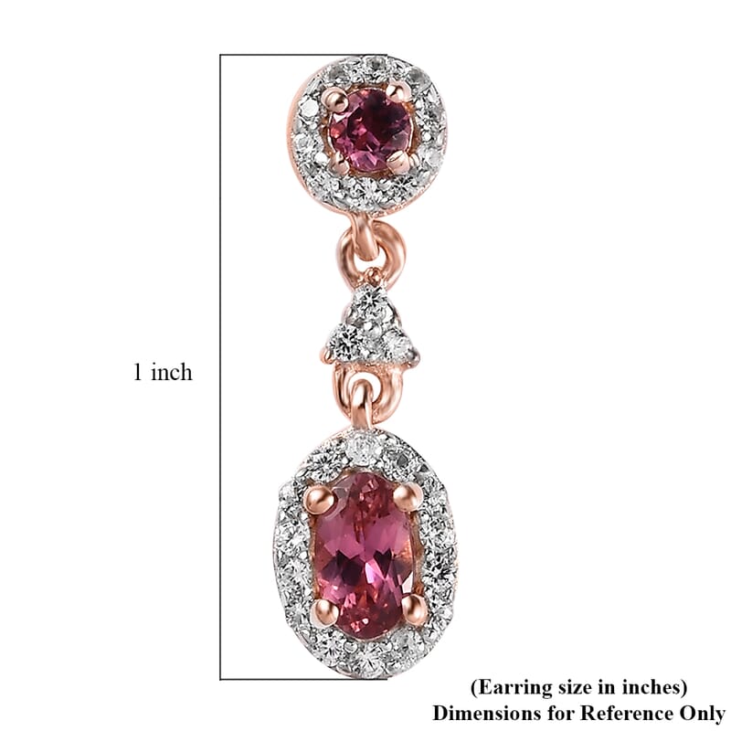 Premium Natural Calabar Pink Tourmaline and White Zircon Dangle Earrings in Vermeil Rose Gold Over Sterling Silver 1.10 ctw