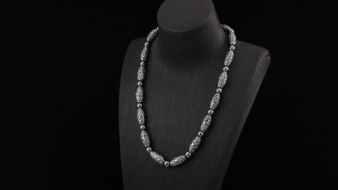 Terahertz 287.35 ctw Beaded Necklace, Carved Barrel Beads Necklace, 20 Inch Necklace, Rhodium Over Sterling Silver Necklace, Terahertz Jewelry