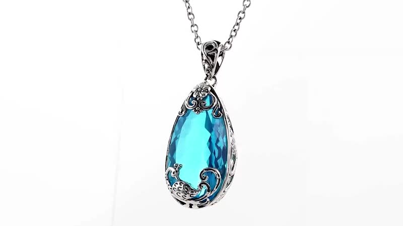 Doorbuster Bali Legacy Caribbean Quartz Peacock Pendant in Sterling Silver 26.35 ctw