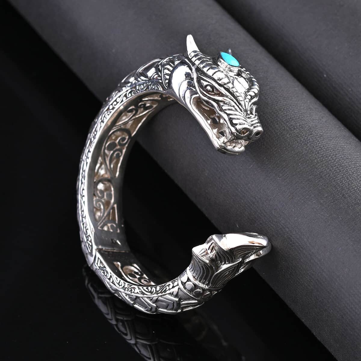 Bali Legacy Sleeping Beauty Turquoise Dragon Cuff Bracelet in Sterling Silver 1.50 ctw image number 1