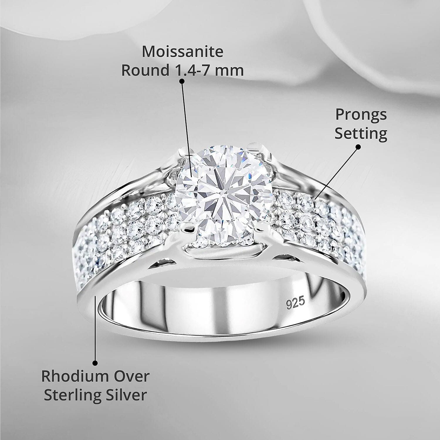 Moissanite Ring in Rhodium Over Sterling Silver (Size 10.0) 1.90 ctw