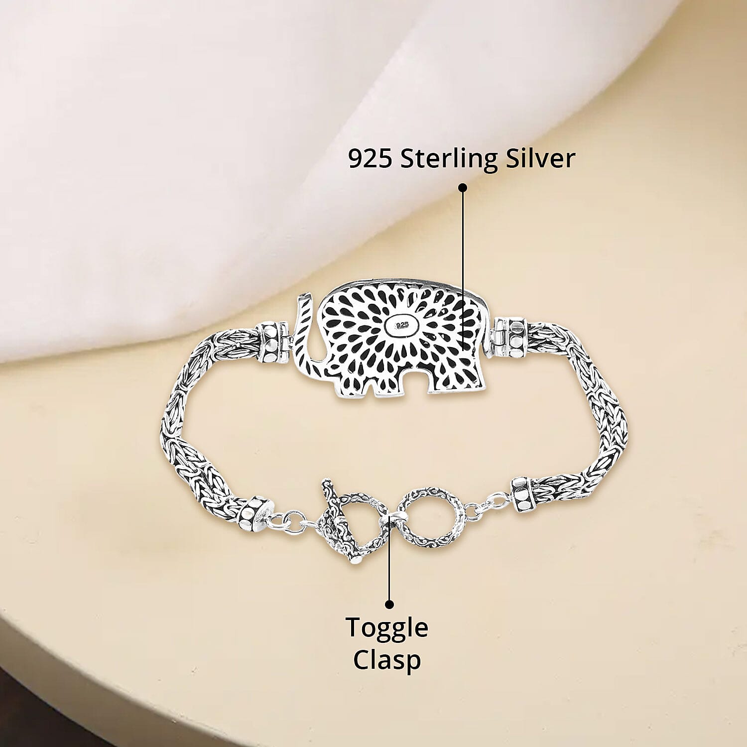 Doorbuster Bali Legacy Sterling Silver Elephant Bracelet (7.25 In) (23.85 g)