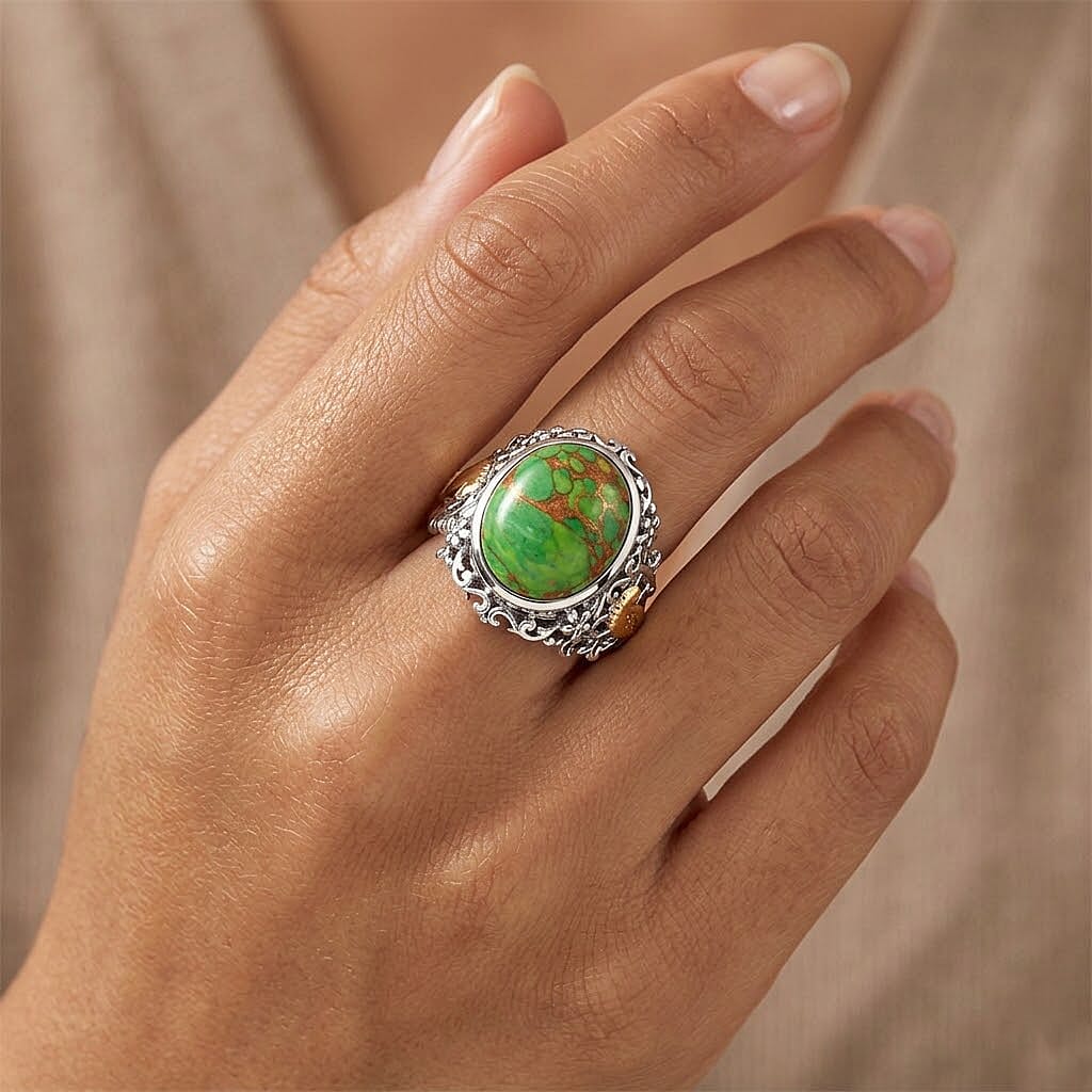 Mojave Green Turquoise 11.00 ctw Ring in 14K YG and Platinum Over Sterling Silver (Size 6.5)