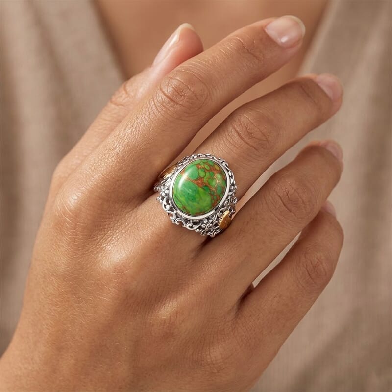 Mojave Green Turquoise 11.00 ctw Ring in 14K YG and Platinum Over Sterling Silver (Size 6.5)