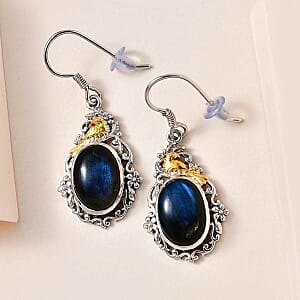 Labradorite 18.00 ctw Solitaire Earrings in Platinum Over Sterling Silver (6.54 g)