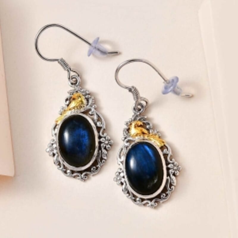 Labradorite 18.00 ctw Solitaire Earrings in Platinum Over Sterling Silver (6.54 g)