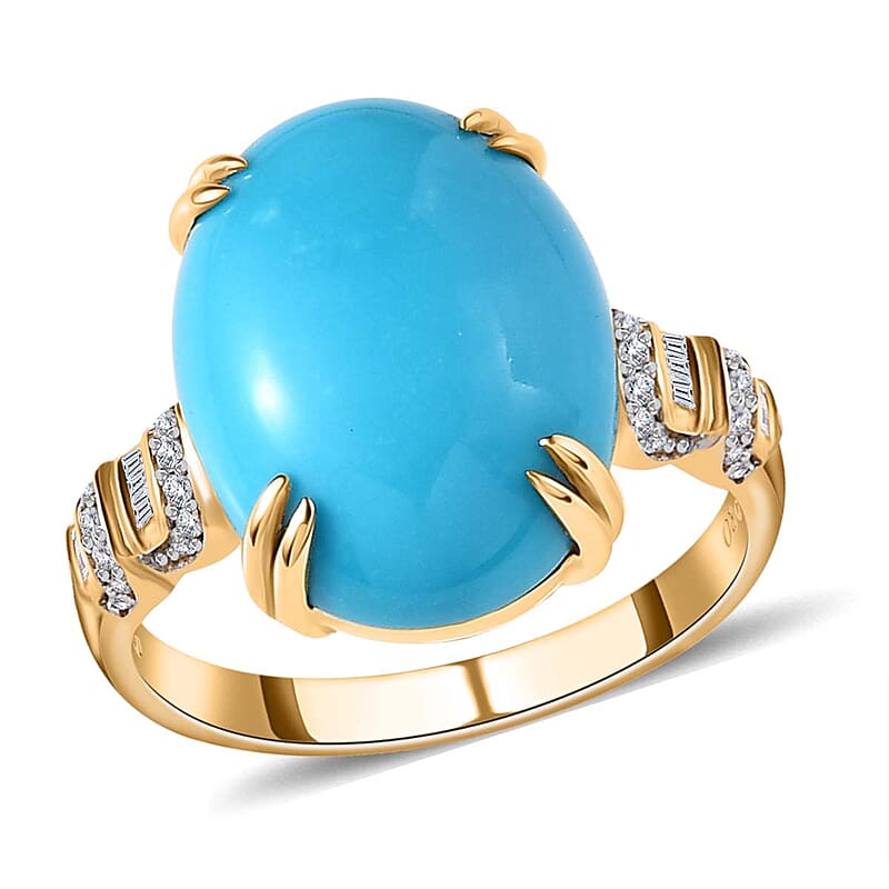 Luxoro 10K Yellow Gold Premium Sleeping Beauty Turquoise and G-H I3 Diamond Ring (Size 10.0) 7.75 ctw