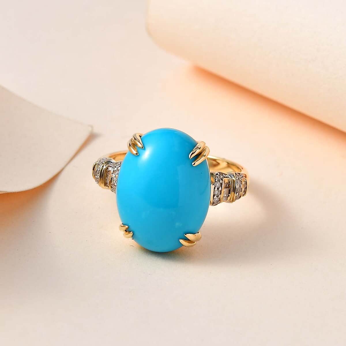 Luxoro 10K Yellow Gold Premium Sleeping Beauty Turquoise and G-H I3 Diamond Ring (Size 8.0) 7.75 ctw image number 1