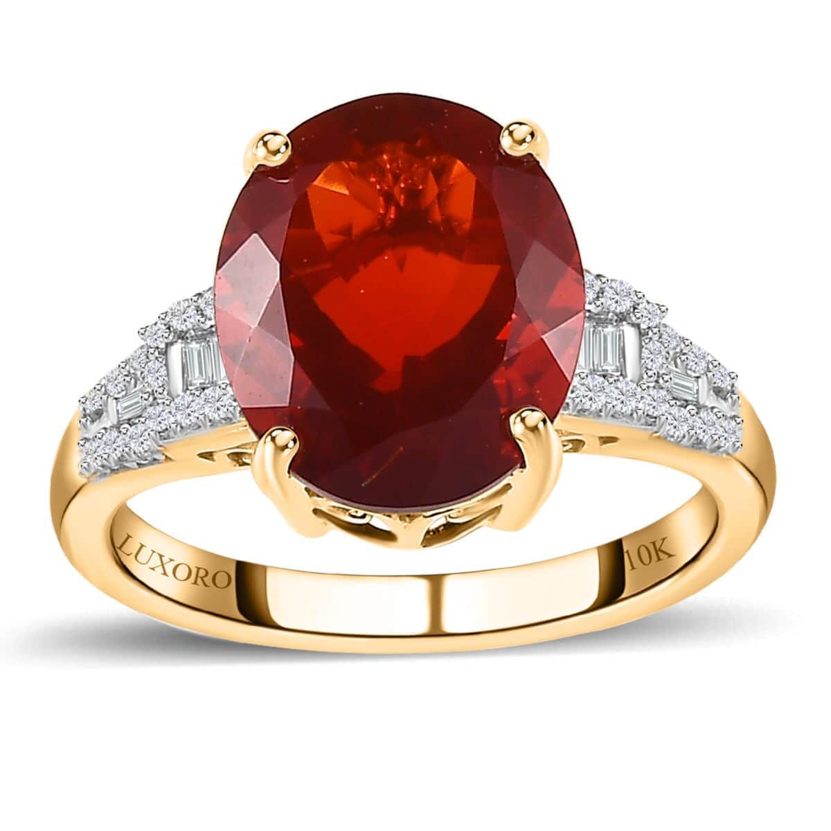 Luxoro 10K Yellow Gold Premium Mexican Cherry Fire Opal, Diamond (0.25 cts) Ring (Size 10.0) 4.25 ctw image number 0