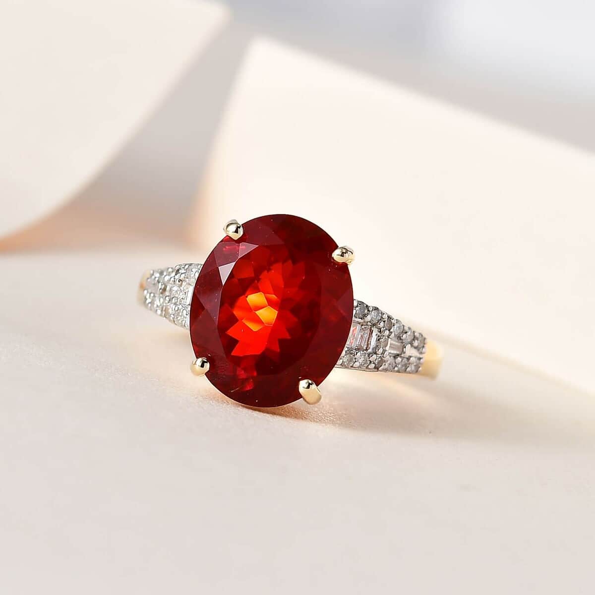 Luxoro 10K Yellow Gold Premium Mexican Cherry Fire Opal, Diamond (0.25 cts) Ring (Size 10.0) 4.25 ctw image number 1