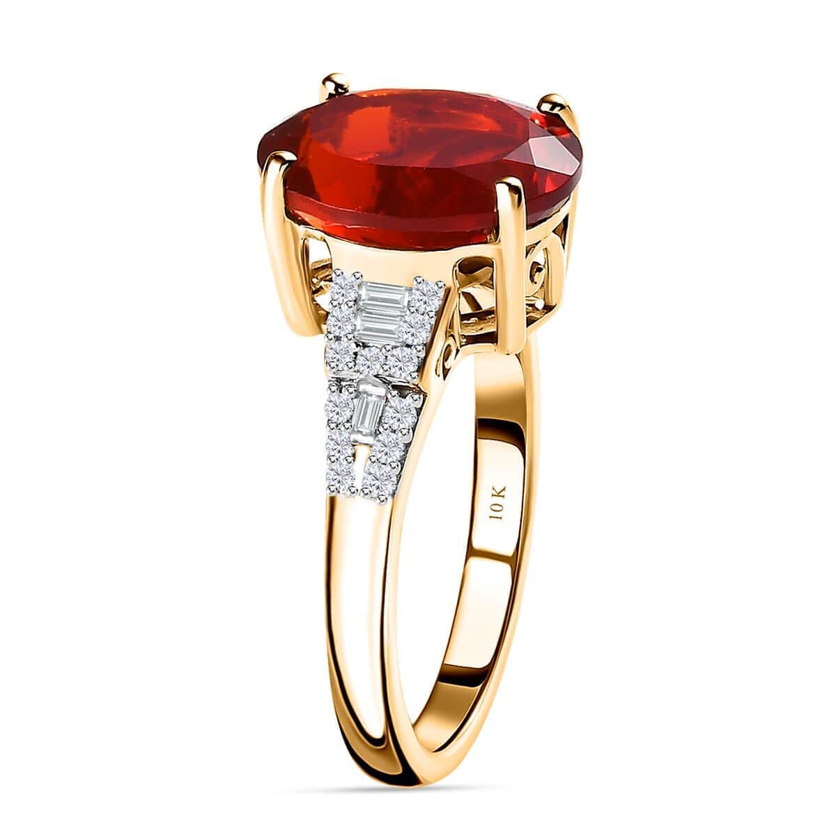 Luxoro 10K Yellow Gold Premium Mexican Cherry Fire Opal and Diamond Ring (Size 10.0) 3.40 ctw image number 3