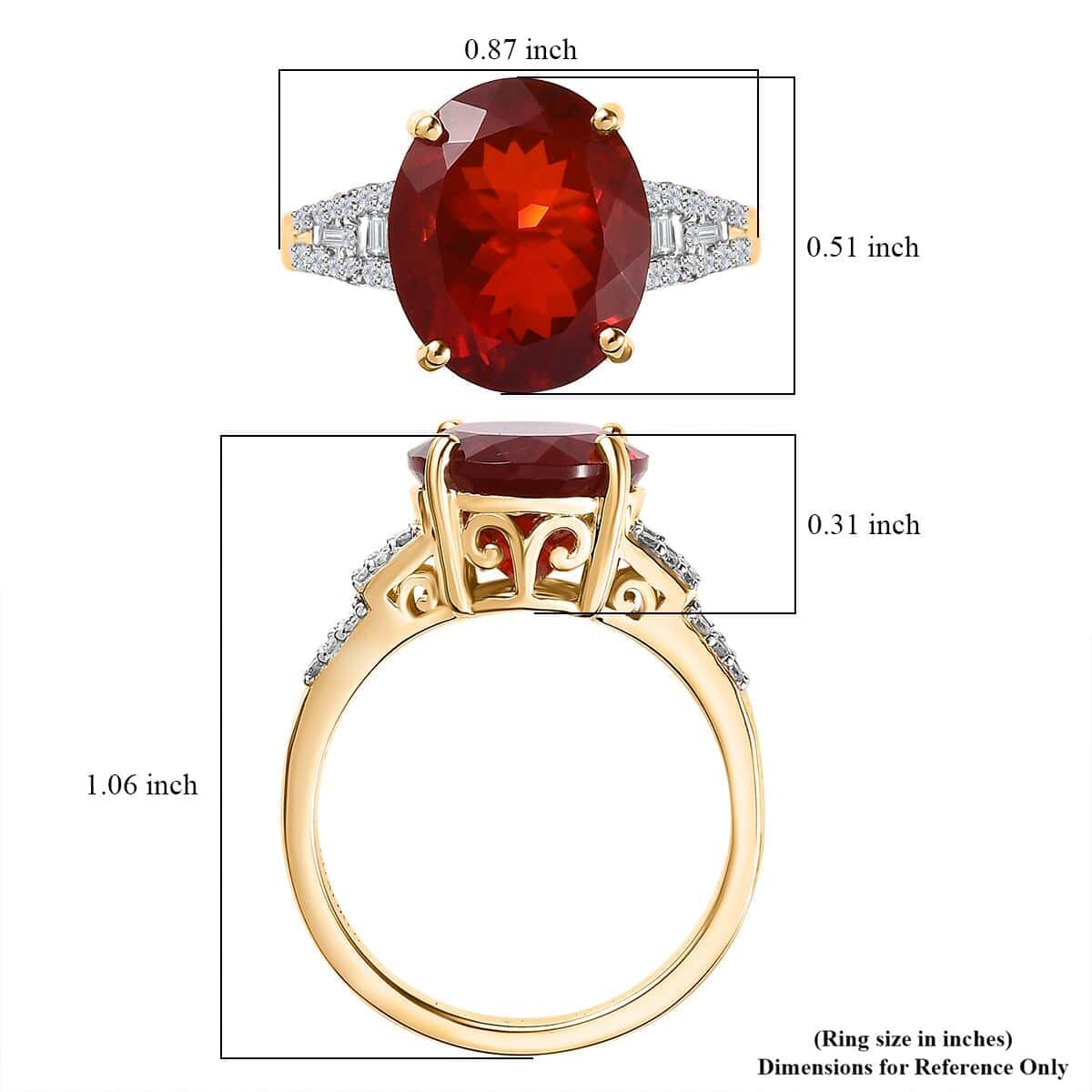 Luxoro 10K Yellow Gold Premium Mexican Cherry Fire Opal, Diamond (0.25 cts) Ring (Size 10.0) 4.25 ctw image number 5