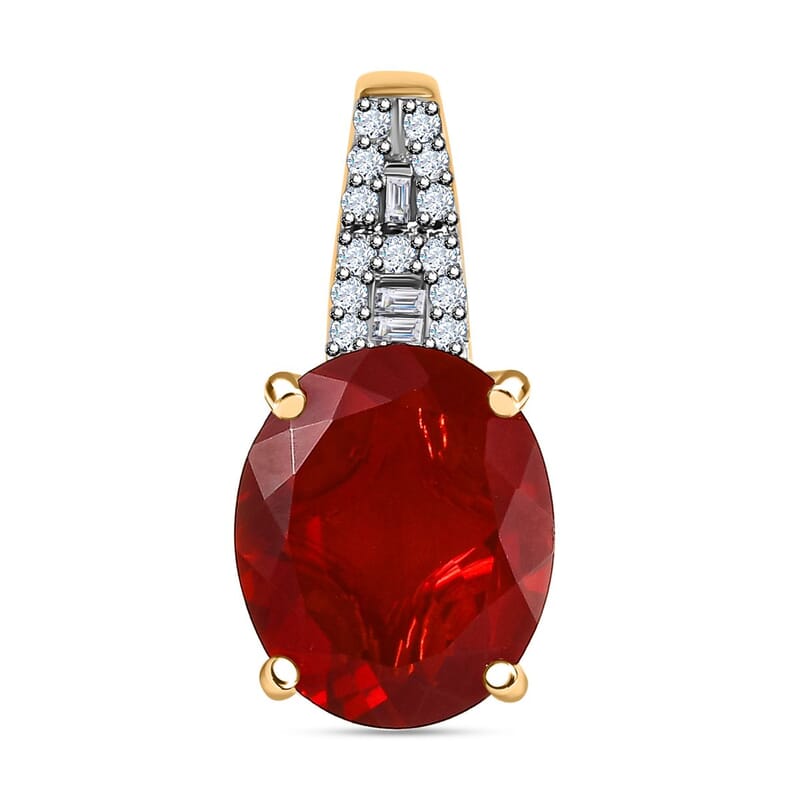 Luxoro 10K Yellow Gold Premium Mexican Cherry Fire Opal and Diamond Pendant without Chain 3.30 ctw