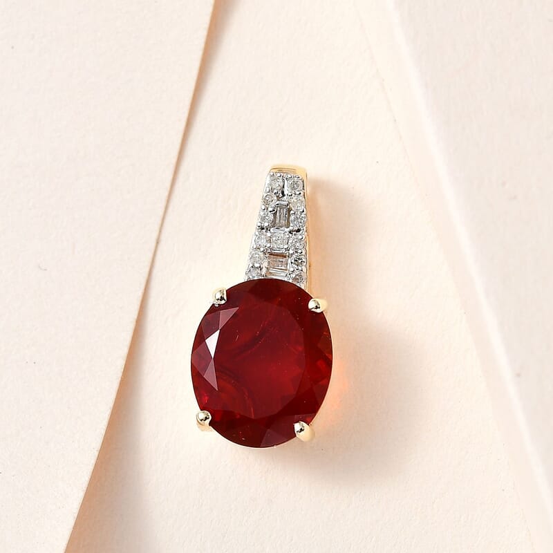 Luxoro 10K Yellow Gold Premium Mexican Cherry Fire Opal and Diamond Pendant without Chain 3.30 ctw