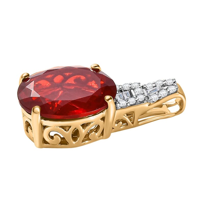 Luxoro 10K Yellow Gold Premium Mexican Cherry Fire Opal and Diamond Pendant without Chain 3.30 ctw