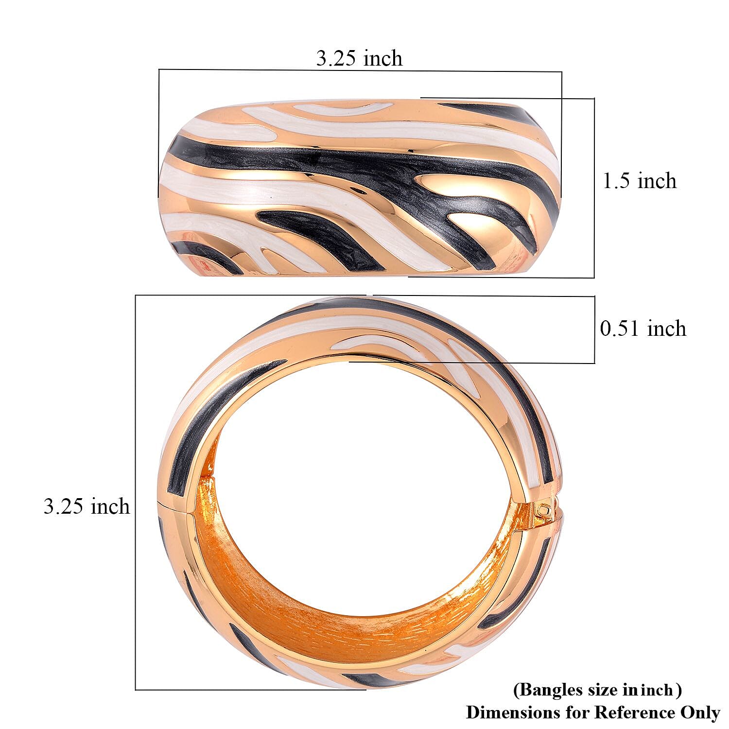 Black and White Color Enameled Bangle Bracelet (7.00 In) in Goldtone