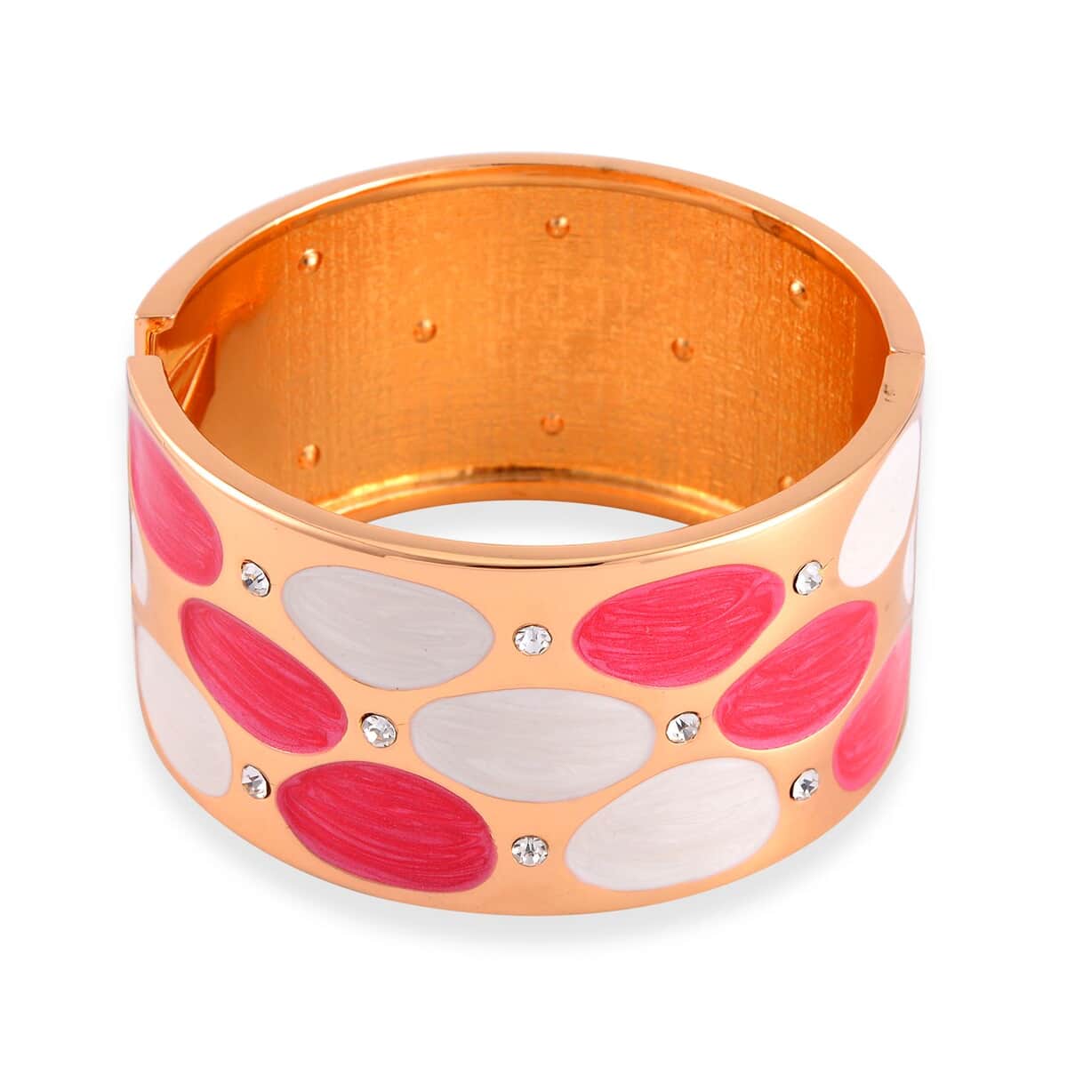 White Austrian Crystal, White and Rose Red Color Enameled Bangle Bracelet in Goldtone (7.00 In) image number 0