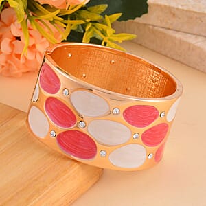 White Austrian Crystal, White and Rose Red Color Enameled Bangle Bracelet in Goldtone (7.00 In)