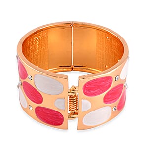 White Austrian Crystal, White and Rose Red Color Enameled Bangle Bracelet in Goldtone (7.00 In)