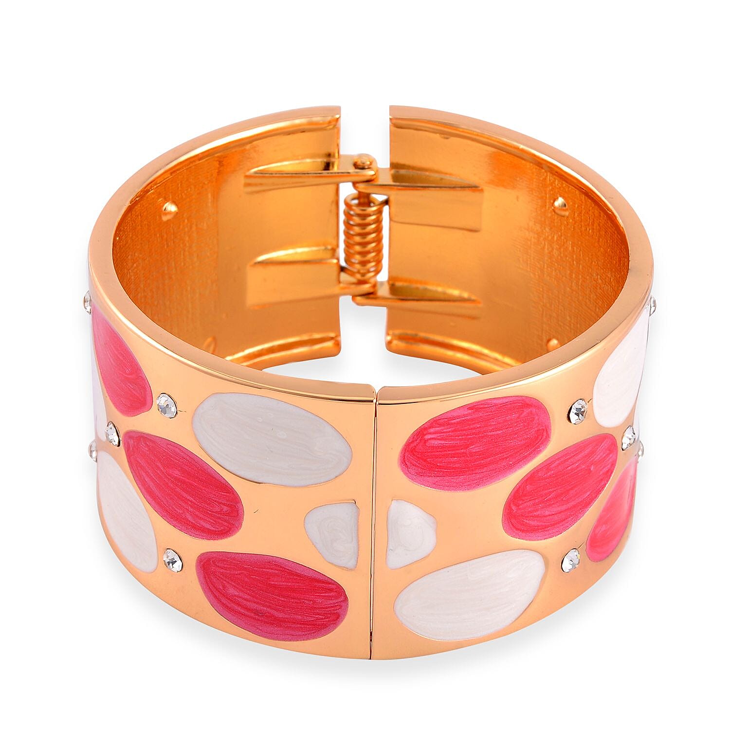 White Austrian Crystal, White and Rose Red Color Enameled Bangle Bracelet in Goldtone (7.00 In)