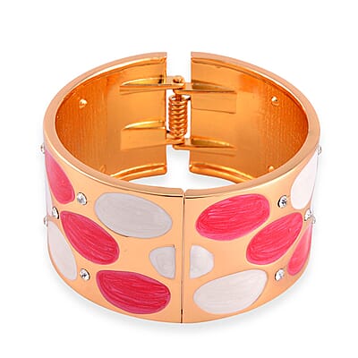 White Austrian Crystal, White and Rose Red Color Enameled Bangle Bracelet in Goldtone (7.00 In)