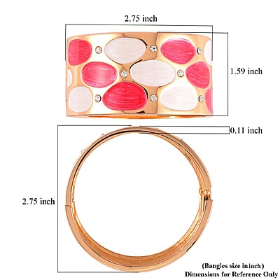 White Austrian Crystal, White and Rose Red Color Enameled Bangle Bracelet in Goldtone (7.00 In)