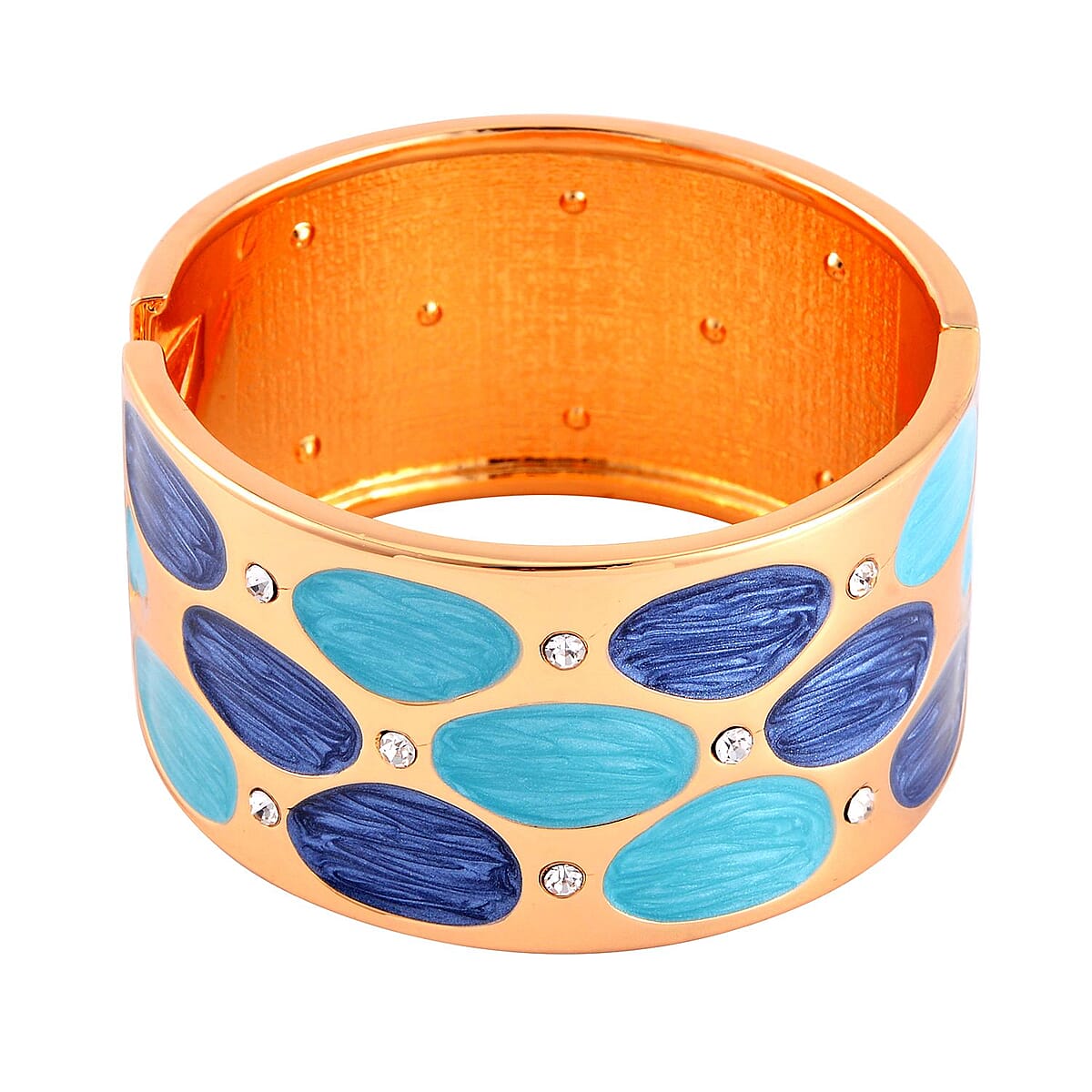 White Austrian Crystal and Blue Enameled Bangle Bracelet in Goldtone (7.00 In) image number 0