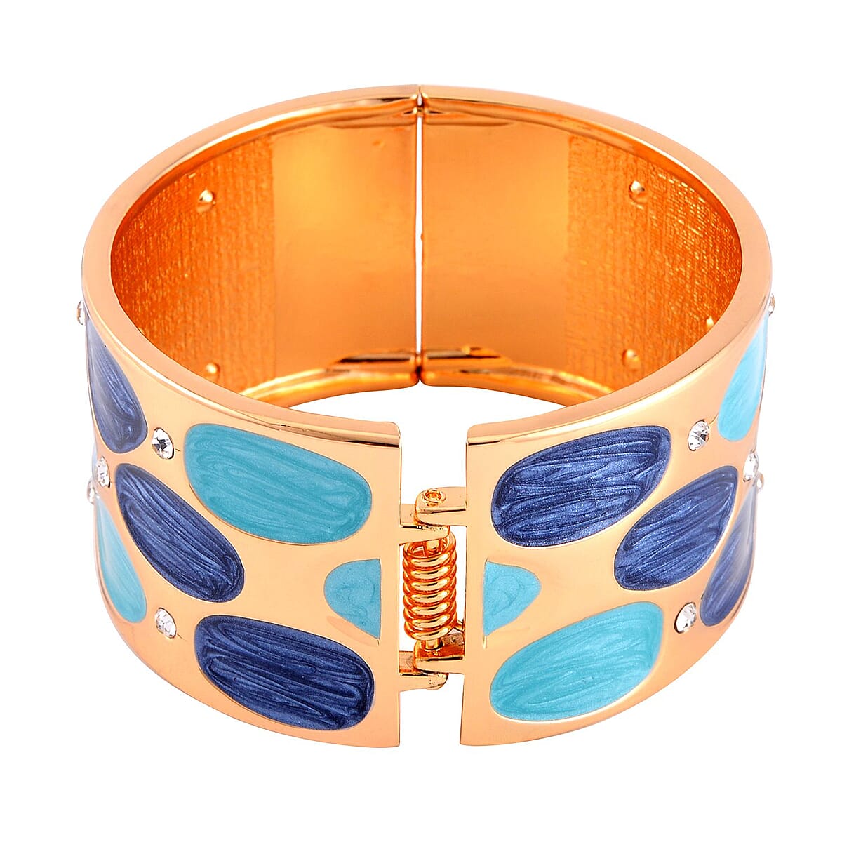 White Austrian Crystal and Blue Enameled Bangle Bracelet in Goldtone (7.00 In) image number 3