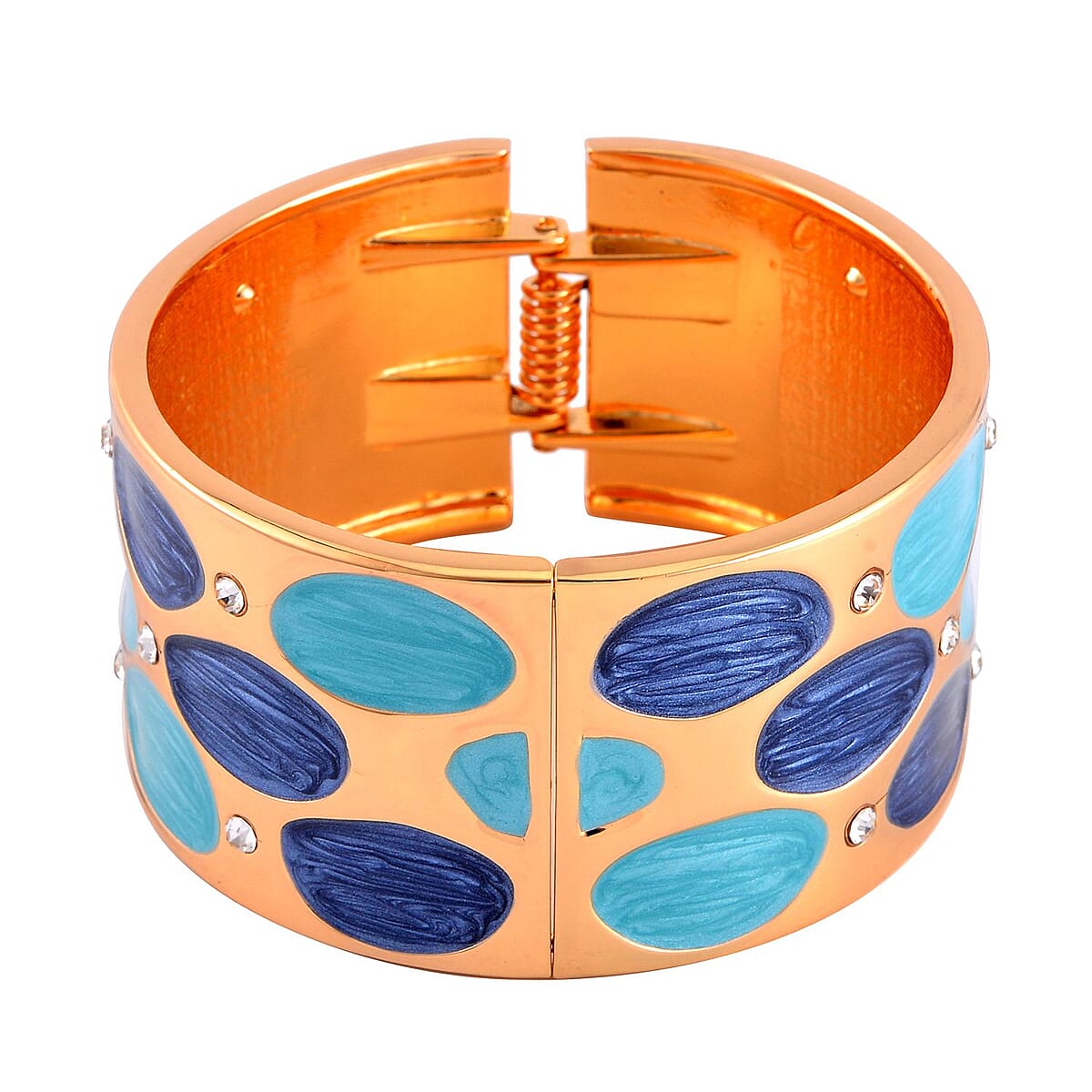 White Austrian Crystal and Blue Enameled Bangle Bracelet in Goldtone (7.00 In) image number 4